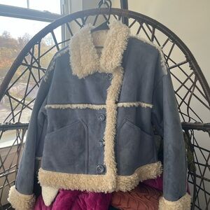 Urban Outfitters Dusty Blue and Cream Shearling Jacket